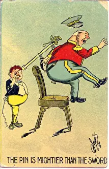 Schoolboys Prints: Comic postcard, Schoolboy and military man - practical joke Date: early 20th century