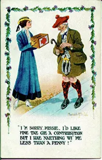 Scotsman Prints: Comic postcard, Scotsman avoids charity box Date: early 20th century