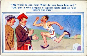 Athletes Collection: Comic postcard, Scotsman discusses runners training