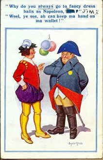 Doublet Gallery: Comic postcard, Scotsman dressed as Napoleon at fancy dress ball Date: 20th century