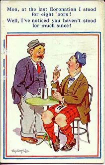 Scotsmen Prints: Comic postcard, Scotsman and Englishman drinking in a pub Date: 20th century