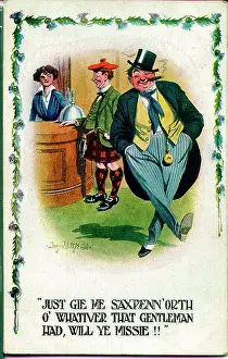 Scotsman Prints: Comic postcard, Scotsman orders drink in pub Date: early 20th century