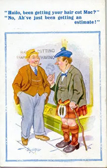 Comic postcard, Scotsman outside barber's shop Date: 20th century Comic postcard, Scotsman outside barber's shop Date: 20th century