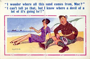 Comic postcard, Scotsman on a sandy beach Date: 20th century Comic postcard, Scotsman on a sandy beach Date: 20th century