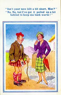 Chat Prints: Comic postcard, Scotsman in short kilt chats with young woman Date: 20th century