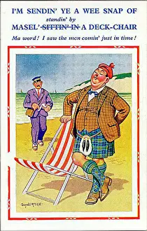 Scotsmen Prints: Comic postcard, Scotsman stands by his deckchair to avoid paying for it Date: 20th century