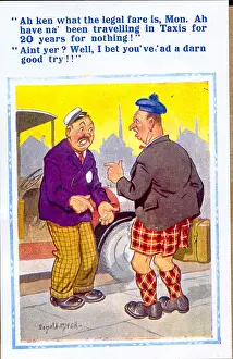 Paying Prints: Comic postcard, Scotsman and taxi driver Date: 20th century