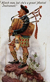 Tartan Collection: Comic postcard, Scotsman with whisky barrel bagpipes