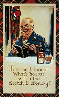 Scotsmen Prints: Comic postcard, Scotsman with whisky and Scots dictionary