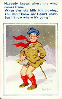 Uncomfortable Prints: Comic postcard, Scotsman in windy weather Date: 20th century