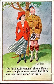 Scotsman Prints: Comic postcard, Scotsman and young woman in the rain Date: early 20th century