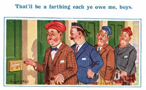 Comic postcard, four Scotsmen spending a penny