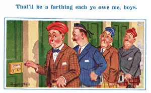 Images Dated 23rd March 2021: Comic postcard, four Scotsmen spending a penny