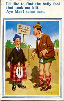 Scotsman Collection: Comic postcard, Scotsmen wearing wrong kilts after going for a swim Date
