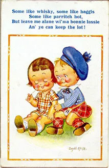 Comic postcard, Scottish boy and girl sitting on the grass Date: 20th century Comic postcard, Scottish boy and girl sitting on the grass Date: 20th century