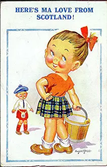 Comic postcard, Scottish girl and boy Date: 20th century