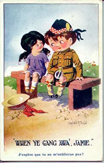 Sporran Prints: Comic postcard, Scottish soldier and girl, sitting on a bench. Date: 1914-1918
