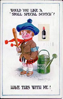 Watering Prints: Comic postcard, Scottish special constable with wooden truncheon. Date: 1914-1918