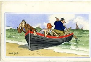 Unhappy Gallery: Comic postcard, Sea sickness in a rowing boat