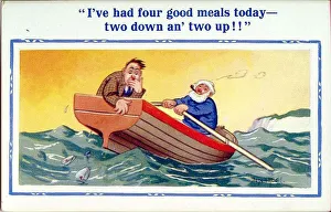 Comic postcard, Sea sickness in a rowing boat Date: 20th century Comic postcard, Sea sickness in a rowing boat Date: 20th century
