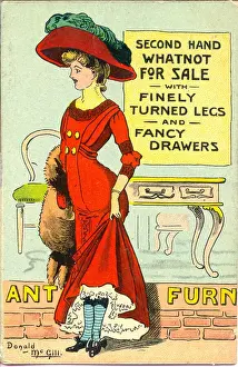 Turned Prints: Comic postcard, Second Hand Whatnot For Sale with finely turned legs