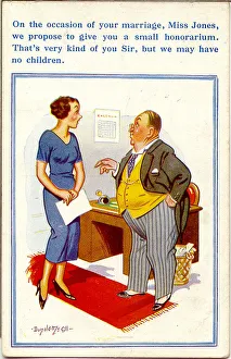 Comic postcard, Secretary misunderstands boss Date: 20th century Comic postcard, Secretary misunderstands boss Date: 20th century