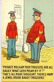 Comic postcard, Sergeant and soldier - criticism of baggy trousers Date