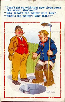 Comic postcard, Sewage worker and boss in the street Date: 20th century