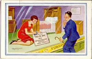 Comic postcard, Shop window display with bed