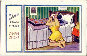Comic postcard, The shortest prayer on record