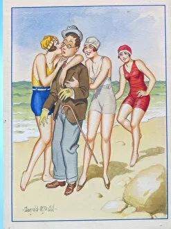 Forward Gallery: Comic postcard, Shy man with pretty women on the beach