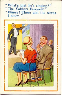 Lyrics Prints: Comic postcard, Singer on stage - The Soldiers Farewell Date: 20th century