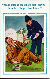 Comic postcard, Sleeping man in cemetery with policeman Date: 20th century