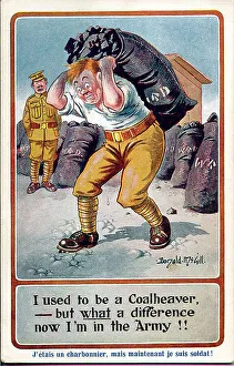 Sweating Prints: Comic postcard, Soldier in army camp, carrying coal. Date: 1914-1918
