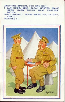 Comic postcard, Soldier in the British Army, WW2 - giving the sergeant a list of his