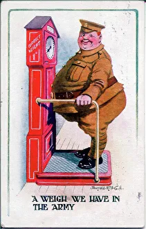 Weigh Prints: Comic postcard, Soldier in the British Army, weighing himself. Date: 1914-1918
