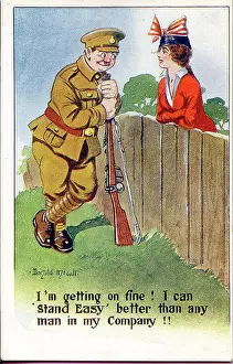 Easy Prints: Comic postcard, Soldier chats with pretty woman over the garden fence. Date: 1914-1918