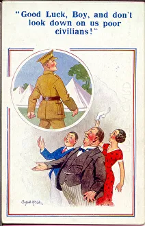 Comic postcard, Soldier and civilians, WW2 Date: circa 1940s Comic postcard, Soldier and civilians, WW2 Date: circa 1940s