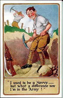 Navvy Prints: Comic postcard, Soldier digging a trench. Date: 1914-1918