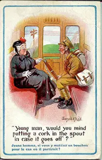 Worry Prints: Comic postcard, Soldier and elderly woman in train compartment. Date: 1914-1918