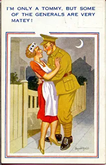 Comic postcard, Soldier with girlfriend, WW2 Date: circa 1940s