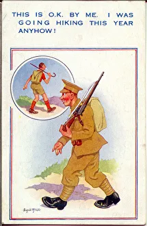 Comic postcard, Soldier going on the march, WW2 Date: circa 1940s Comic postcard, Soldier going on the march, WW2 Date: circa 1940s
