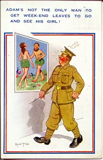 Comic postcard, Soldier happy to be going on leave, WW2 Date: circa 1940s Comic postcard, Soldier happy to be going on leave, WW2 Date: circa 1940s