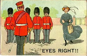 Nanny Prints: Comic postcard, Soldiers admire pretty woman - eyes right!! Date: 20th century