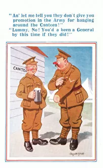 Images Dated 16th March 2021: Comic postcard, Two soldiers in the British Army, WW2 - chatting outside the Canteen