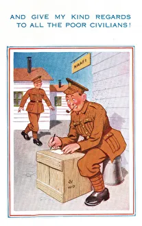 Comic postcard, Soldiers in the British Army, WW2 - a soldier sitting outside the NaFI