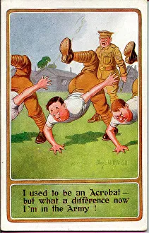 Exercising Prints: Comic postcard, Soldiers exercising in army camp. Date: 1914-1918