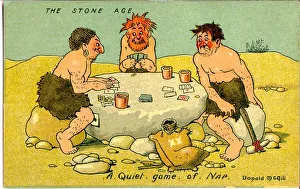 Comic postcard, Three Stone Age men - A quiet game of Nap. Date: 20th century Comic postcard, Three Stone Age men - A quiet game of Nap. Date: 20th century