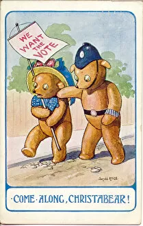Pankhurst Gallery: Comic postcard, Teddy bear suffragette and policeman