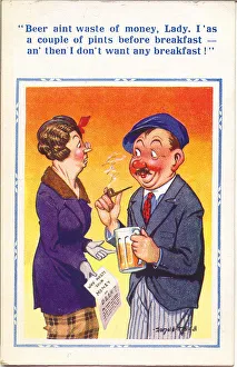 Verbal Prints: Comic postcard, Temperance campaigner in pub